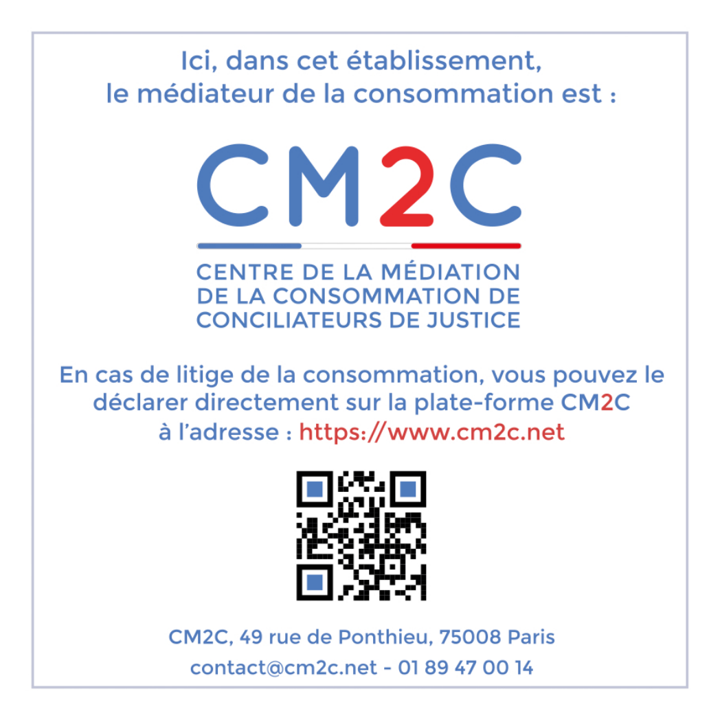 Visuel officiel CM2C — médiateur de la consommation d’EJ Nexo. Coordonnées et modalités de saisine ci-dessus.